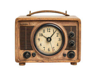 Vintage tabletop radio with clock, wooden design, retro style, isolated on transparency background, nostalgic feel, classic home decor