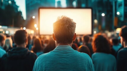 A crowd gathered outdoors attentively watching a large screen during a cinematic event, highlighting the excitement and connection to shared experiences.