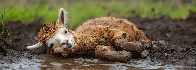 Obraz premium A young alpaca playfully rolling in the mud, its wool coated in a layer of brown dirt, while its hooves squish in the soft earth. The background features a mix of grass, mud patches, and a misty