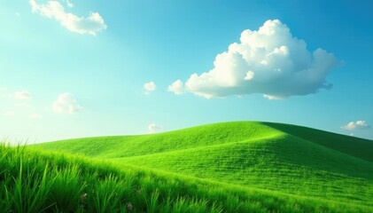 Fototapeta premium A wispy cloud touches down on a hill of emerald green grass, breeze, soft