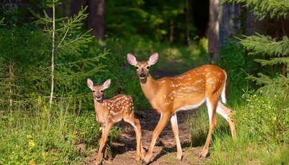 Fototapeta premium Enchanting Whitetailed Deer Fawn Frolicking on a Natural Trail in Northern Wisconsin at Twilight, Showcasing the Beauty of Natures Majesty and Wildlife in Winter Wonderland.