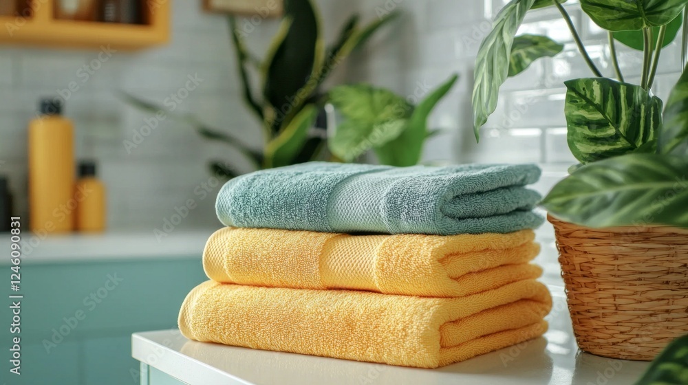 Poster colorful towels in refreshing hues of blue and yellow are neatly stacked on a countertop, surrounded