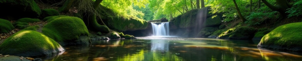Obraz premium A tranquil forest scene with sunlight casting dappled shadows on forest floor near a gentle waterfall and pond, calm, reflection