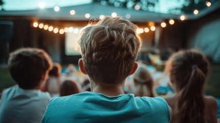 A group of children sit closely together, their backs toward the camera, as they eagerly watch an outdoor movie projected in soft evening light, creating a magical atmosphere.