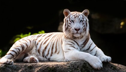 Majestic White Tiger Poised Gracefully atop a Rough Stone Outcrop, Basking in the Glow of Soft Golden Light Amidst the Wilderness
