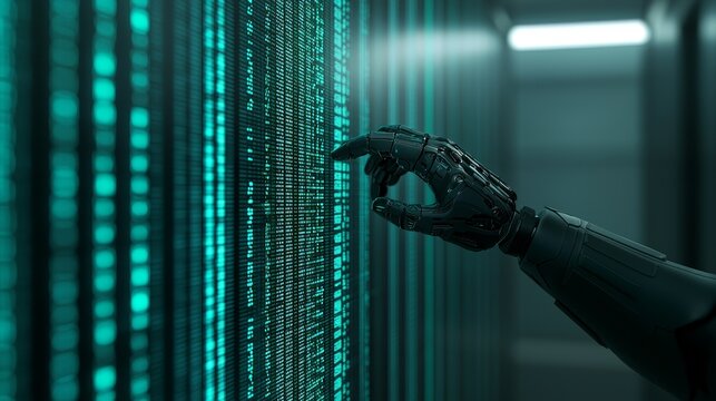 Robot interacts with data wall, exploring digital information analysis and futuristic technology