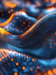 Digital data mosaic in motion. 3D render style. Information flow concept. Design for tech company visuals and data visualization projects.