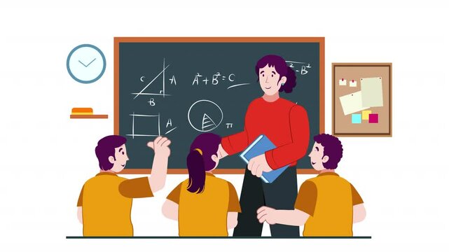 Illustrate school teachers through vector character animation. Teachers engage with students in classrooms, showcasing educational settings and interactions in a sleek and professional design.