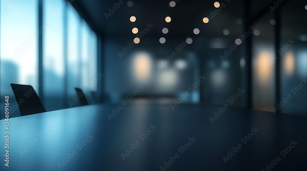 Poster blurry view of a modern office space low-light, abstract photograph of a business room with two ligh