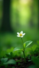 A small white flower blooming in a serene forest glade, wildflower, delicate, tree