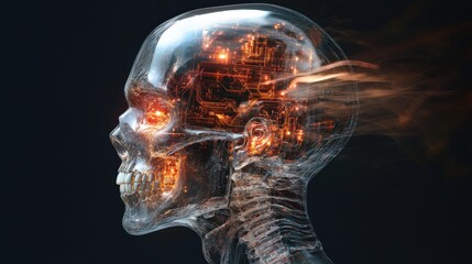 A human-like AI with a transparent skull revealing intricate glowing circuits inside, symbolizing the fusion of human intelligence and AI