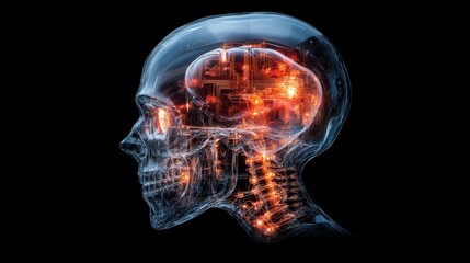 A human-like AI with a transparent skull revealing intricate glowing circuits inside, symbolizing the fusion of human intelligence and AI