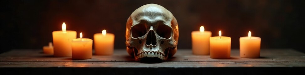 Obraz premium A skull is placed on a low wooden table with several candles surrounding it, casting a dark ambiance, skull, dark, spooky