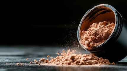 A container of protein powder spills onto a dark surface, showcasing the texture and color of the powder in a visually captivating manner.