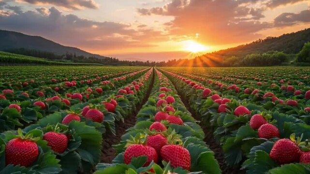 Sunset over a vibrant strawberry field; agricultural landscape