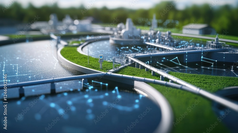 Poster photograph of a modern waterworks system controlled by iot technology featuring interconnected pipel