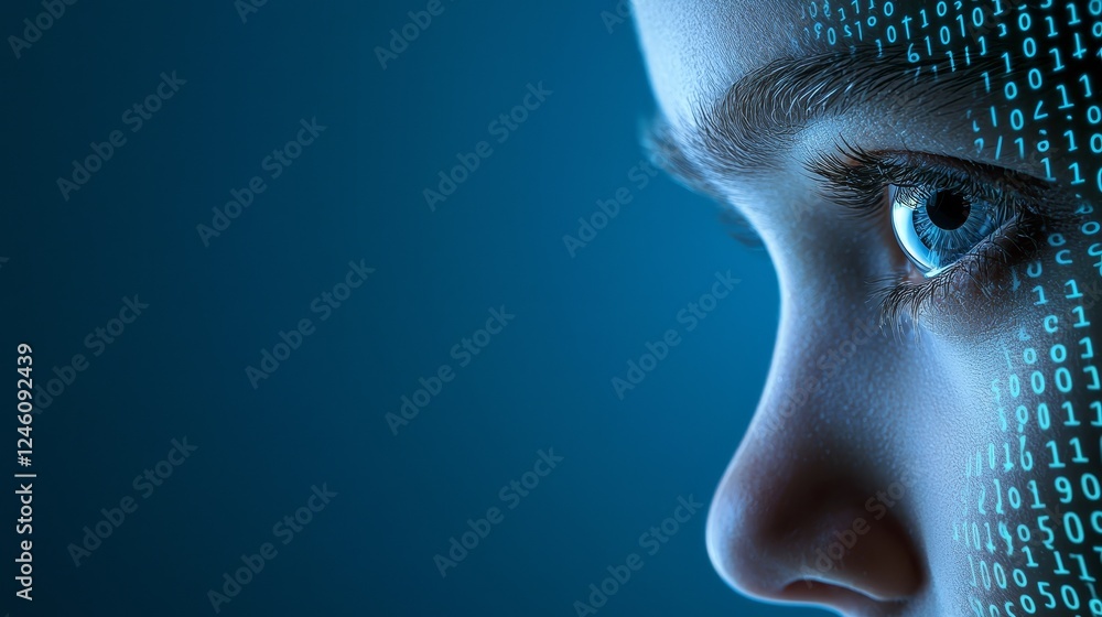 Poster intriguing portrait, woman's face merged with binary code, exploring the intersection of humanity an