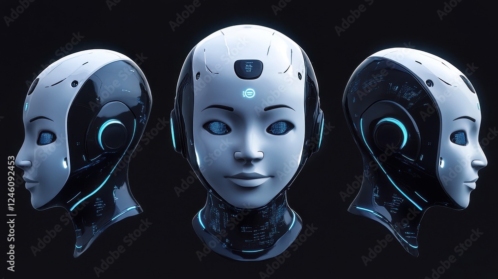Poster chatbot avatar. chat bot head with different emotions and symbols on face. ai chatbots set