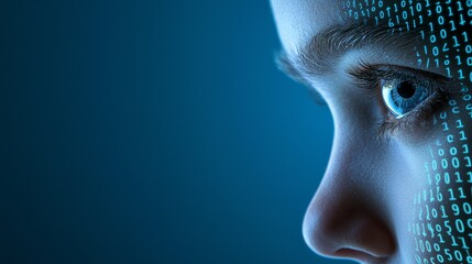Intriguing portrait, woman's face merged with binary code, exploring the intersection of humanity and technology