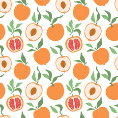 Vector tasty peaches and oranges, leaves and slices illustration seamless pattern. Modern hand drawn orange fruits clip art wallpaper for books, stationery, banners and social media