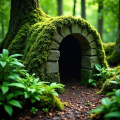 Ancient stone partially hidden by thick moss and ferns, trees, ancient stone
