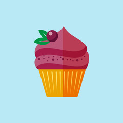 Flat vector illustration of cupcake with cherry on top