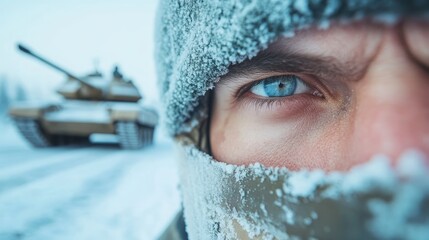 A soldier's intense gaze reveals determination in a snowy battlefield, symbolizing strength and resilience amidst the backdrop of armored vehicles and challenging conditions.