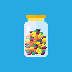 Flat vector illustration of pills in a bottle