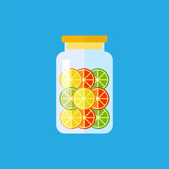 Flat vector illustration of jar with lemon, lime, orange slices. Food illustration