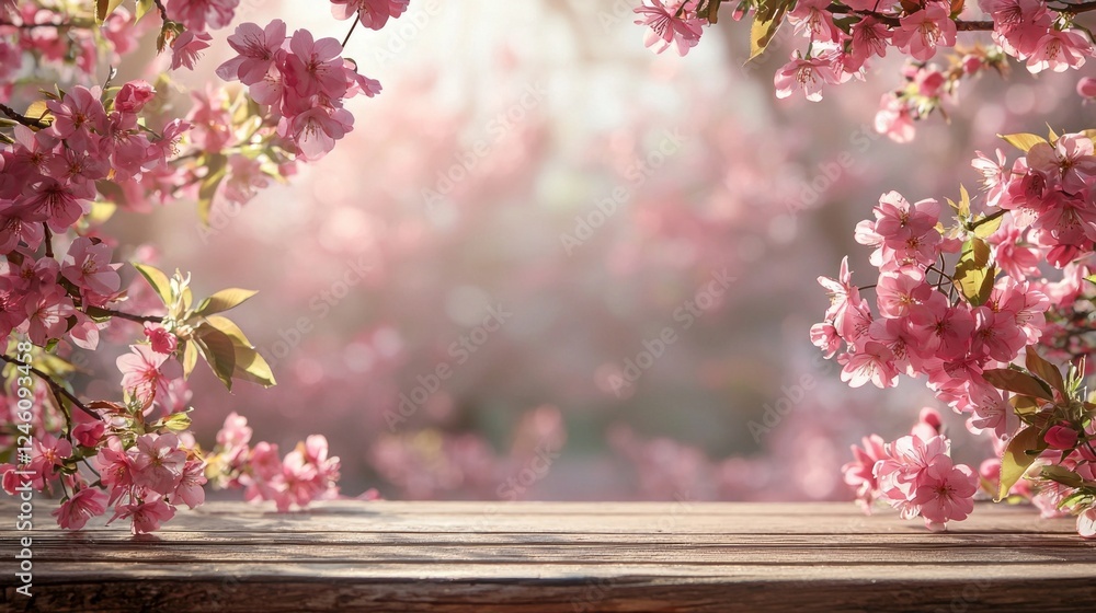 Aufkleber delicate cherry blossom branches frame a tranquil scene filled with soft pink hues. sunlight filters