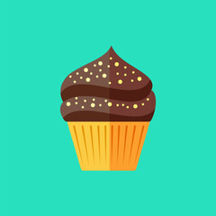 Flat vector cupcake with chocolate icing. Food illustration