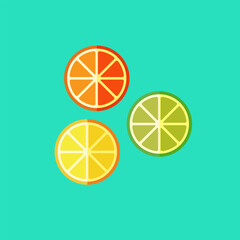 Flat vector lemon lime orange slices on green background. Food illustration