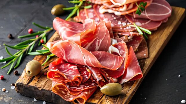 Slicing deli meats on a board. Selective focus. Food.