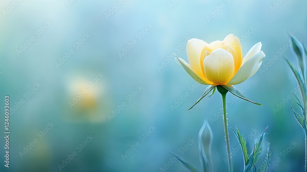 Poster a delicate yellow rose with its petals slightly open, captured with a shallow depth of field to crea