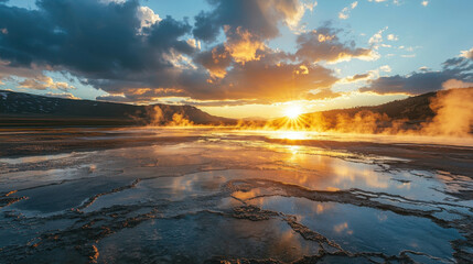Dramatic Sunset Over Vast Geothermal Field with Colorful Clouds and Rippling Reflections