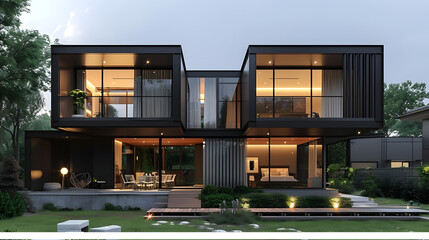 Fototapeta premium Modern modular private black townhouses. Residential architecture exterior. Created with