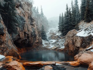 Mystical mountain hot springs surrounded by rocky cliffs and snowy pine trees