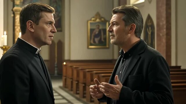 Priest, talking and man in church, conversation and Christianity with faith, religion and discussion. Catholic, worship and trust in God with confession, communication and spiritual belief