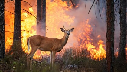 Tranquil Forest Moment Majestic Whitetailed Doe Amidst a Forest Fires Glowing Embers, Capturing the Delicate Balance of Nature in Winter Twilight.
