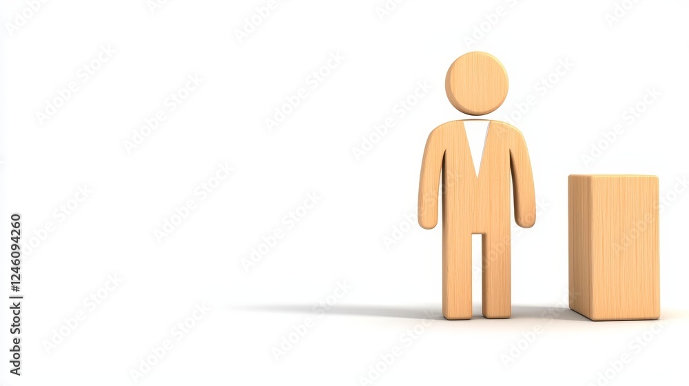 Poster wooden figure and block, visual representation of abstract concepts minimalist design