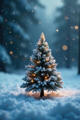 Obraz premium Tiny snowflakes swirling around a small Christmas tree, magical, snowy