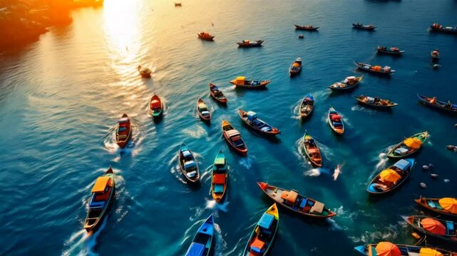 Fishing boats anchored in colorful harbor during glowing sunset. Maritime concept
