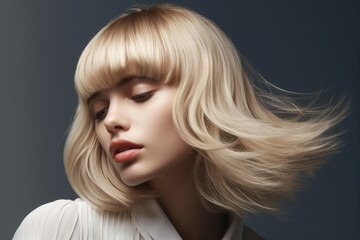 Naklejka premium Perfect Blonde with Bangs. Close-Up of Model's Coiffure with Forelock. Hair Care Concept and Beauty of Blond on Gray Background