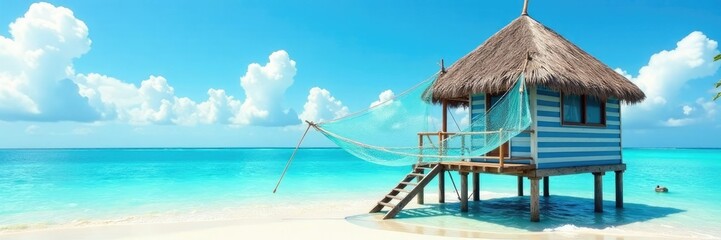 Blue and white striped fishing net draped over stilts supporting a small cottage, stripes, tropical
