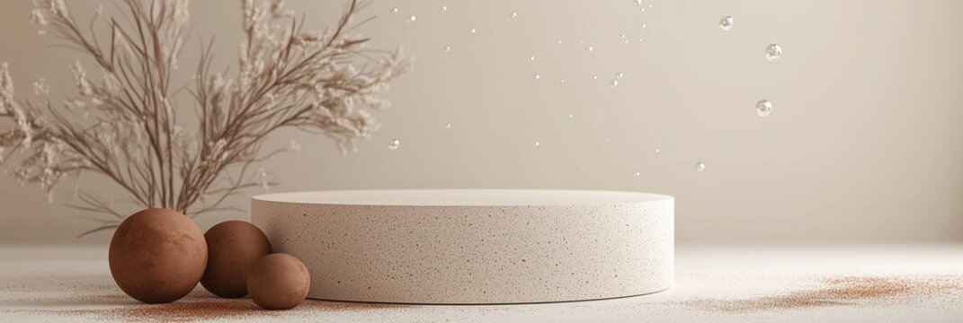 Minimalist podium with natural elements in soft beige setting for creative displays