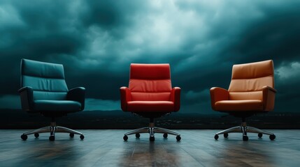 The image displays three uniquely designed chairs arranged in a circle, creating an engaging atmosphere underscored by the dramatic sky outside.