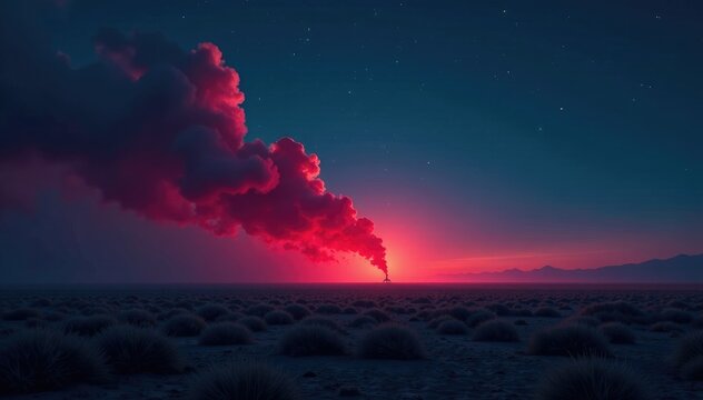 The only sound is smoke and the distant hum of a spotlight over a vast, empty plain, eerie, night