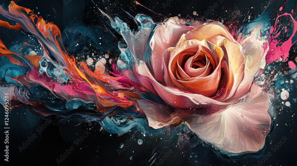 Poster a dynamic rose design created with a digital brush, incorporating splashes of color and fluid brushs