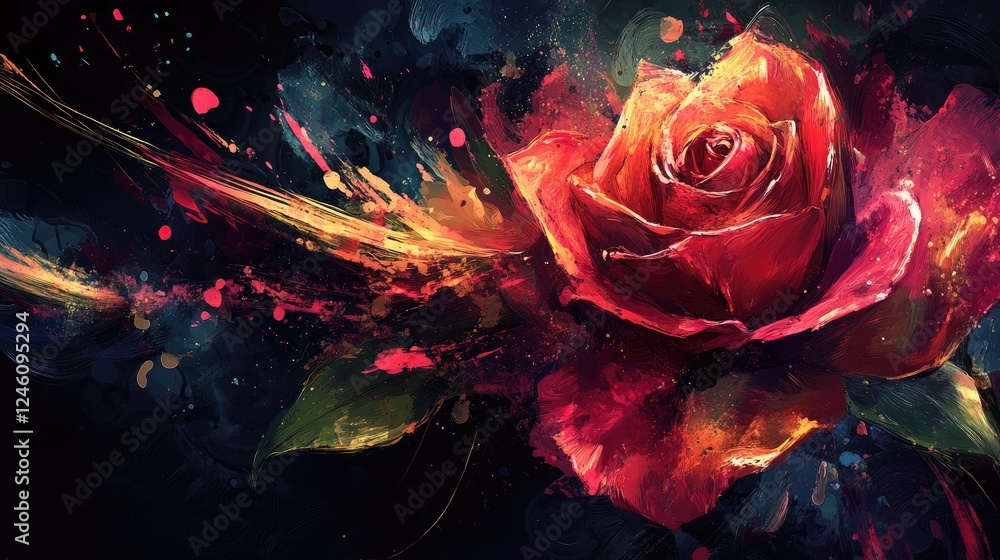 Poster a dynamic rose design created with a digital brush, incorporating splashes of color and fluid brushs
