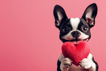 Commercial concept. Cute boston terrier canine with fluffy red heart - sign of love, funny greeting card. Boston terrier - my treasured dog. Love and care. Dog couple photos. Puppy love.